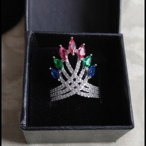 Stainless Steel Multi Color Crystal Crown Ring